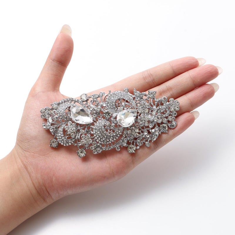 EVER FAITH Silver-Tone Austrian Crystal 4.1 Inch Royal Flower Pattern Wedding Brooch Pendant Clear - Image 4